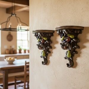 MCM Wall Sconce Pair Ornamental Fruit Shelves 1970s Retro Baroque Italian Style